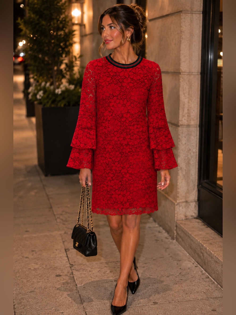 Hale Bob Red Lace Tiered-Sleeve Shift Dress M